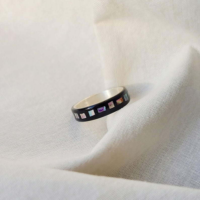 LUXE HAND handmade black rainbow dot mother-of-pearl silver ring image 9