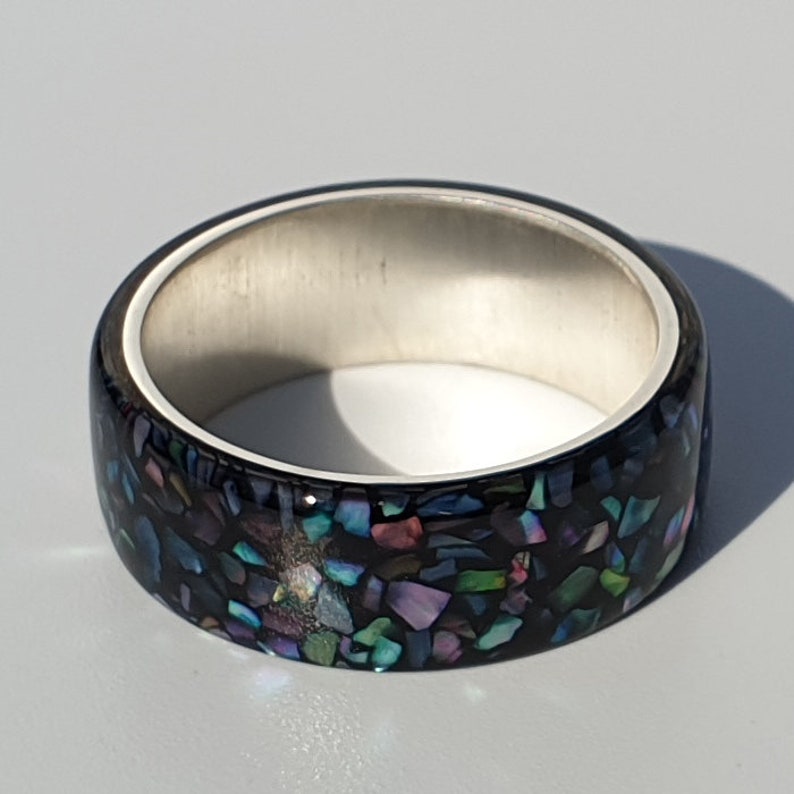 LUXE HAND Rainbow abalone black ring,ハンドメイドアクセサリー ,レジン ,樹脂リング,リング,螺鈿,螺鈿リング image 1