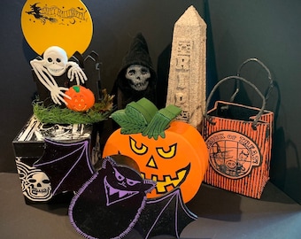 Lot of seven (7) Halloween containers and figures - hand made, vintage