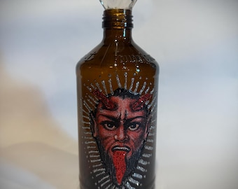 Krampus Decor Bottle - Krampus head, black beard, red horns, seasonal Christmas