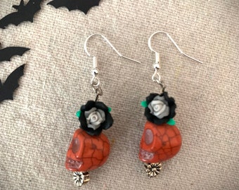 Orange Skull and Rose - Sterling Halloween Earrings