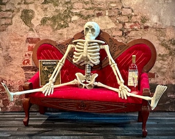 Little Boners miniature Drunk on a Sofa - 1:12 scale skeleton Halloween dollhouse