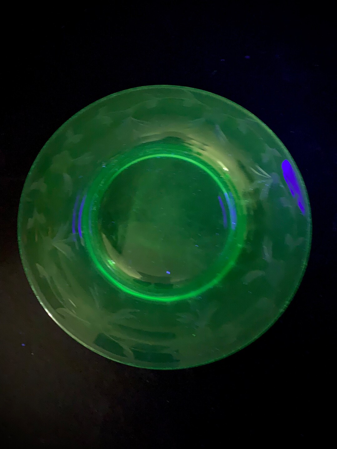 Uranium Glass Plate Etched Flower Leaves Depression Era Etsy