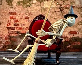 Little Boners miniature Skeleton Witch on a Chair - 1:12 scale skeleton Halloween dollhouse