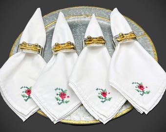 Vintage Silver-plated & Brass Bow Napkin Ring and Hand Cross-stitched Cloth Napkins, Set of 4