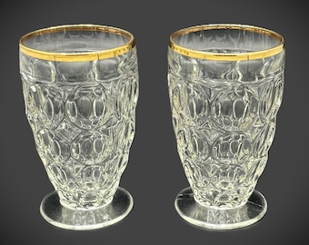 Vintage Jeanette Thumbprint Glass Gold Rim Juice Glasses, Set of 2, Mid-Century Modern Barware