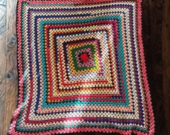 Handmade Vintage-Style Giant Granny Square Crochet Colorful Afghan