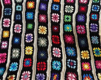 Hand-Crocheted Colorful Vintage-Style Granny Square Afghan