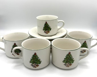 Vintage Tabletops Unlimited Christmas Time Flat Cup & Saucer Set of 5