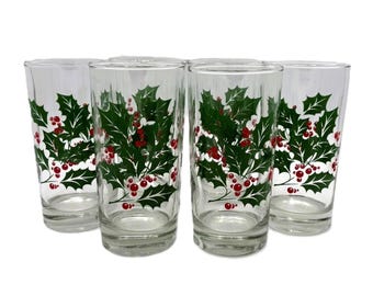 Vintage Holly and Berry Christmas Tumblers, Indiana Glass/Bartlett Collins, Holiday Barware, Set of 6