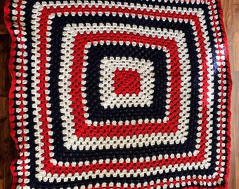 Handmade Patriotic Granny Square Crochet Afghan – Red, White, and Blue Throw Blanket