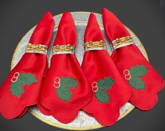 Vintage Silver-Plated Bow Napkin Rings, Red Holly Embroidered Cloth Napkins, Set of 4