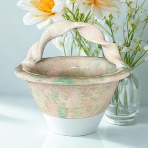 Vintage Art Pottery Basket - Mottled Pink & Green Glaze with Twisted Handle - Mid Century Decor
