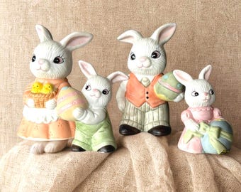 Vintage Homco Easter Bunny Family Figurines - Set of 4 Porcelain Rabbits