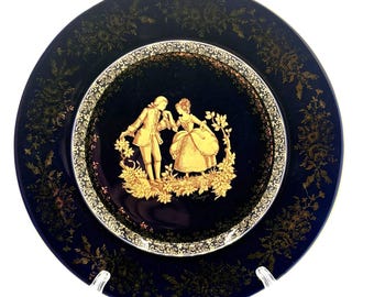 Vintage Limoges Castel France Plate Cobalt Blue 22K Gold Fragonard Courting Couple