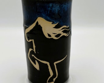 Artist-Signed Studio Pottery Stoneware Vase with Horse Image