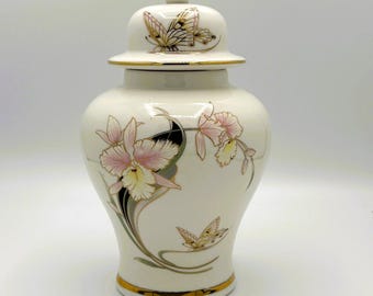Vintage Japanese Porcelain Ginger Jar: Pink Orchid & Butterfly, Gold Trim