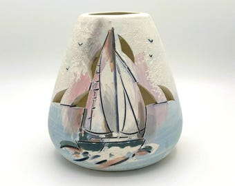 Vintage Handmade Pastel Sailboat Nautical, Cutout Ceramic Relief Vase 6 inches