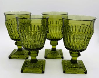 Vintage Indiana Glass Mt. Vernon Avocado Green Water Goblet set of 4