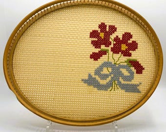 Vintage Handcrafted Wood and Cane Needlepoint Serving Tray