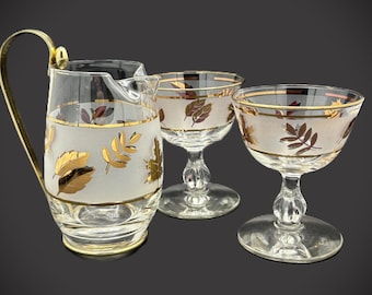 Vintage Libbey Golden Foliage Cocktail Set: MCM Pitcher & Coupe Glasses