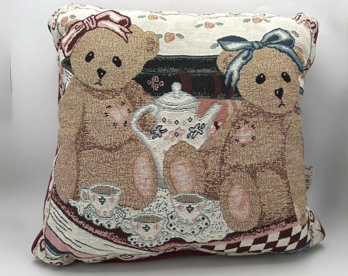 Featured listing image: Vintage Boyds Bears Tapestry Pillow | "Ain't Life Sweet" Tea Party Design | Priscilla Hillman Art | NWT