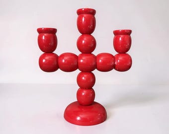 Mid Century Red Candlestick 3 Prong Made in Sweden - 1960s Cherry Tomato Red Tabletop Wood Candelabra - Scandinavian Folk Farm Decor