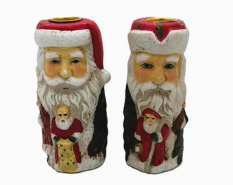 Vintage Ceramic Santa Taper Candle Holder Pair – Hand-Painted Christmas Figurines