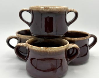 Vintage McCoy Pottery USA Brown Drip Glaze Double Handle Soup Bowl Set of 4