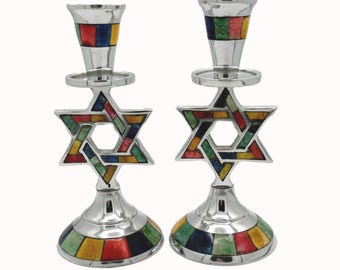 OCEANSIDE JUDAIC Aluminum Shabbat Star of David Candlesticks with Multicolored Decorative Inlay - Set of Two