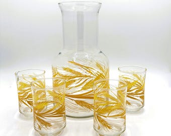 Vintage Libbey Golden Wheat Carafe & Juice Glass Set | Mid-Century Modern 5-Piece Wheat Sheaf Glassware