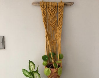Macrame wall planter, Hanging indoor plant holder, boho interior, mustard yellow, mocha, grey