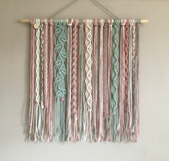 Macrame tapestry, pink and green wall hanging, boho decor