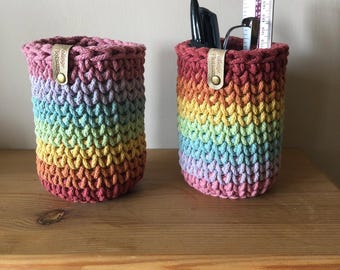 Handmade Crochet Rainbow Pen Pot: Desk Organiser, Recycled Cotton