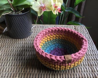 Crochet basket, colourful home storage solutions, unique crocheted pot