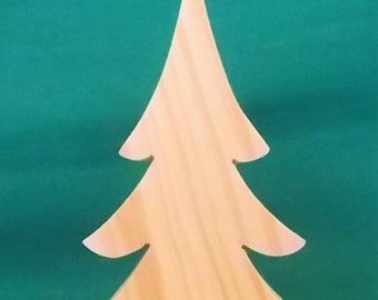 May include: A wooden Christmas tree cutout with a light brown color. The tree has a pointed top and three tiers of branches. The background is a solid teal green.