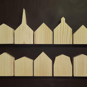 10 Assorted House Shapes, Christmas Village, Holiday Village... solid wood, sanded and ready to finish right out of the box.
