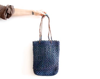 Vintage Woven Drawstring Bag Blue Braided Basket Shoulder Bag Festival Hand Bag Boho Hippie Straw Bag Summer Beach Bag Blue Handbag