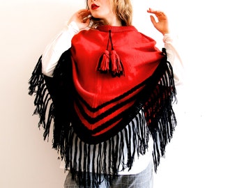 Vintage Red Poncho Black Orange Warm Cape Poncho Fringe Wrap Shawl Knitted Red Poncho Winter Poncho Festival Poncho Accessories