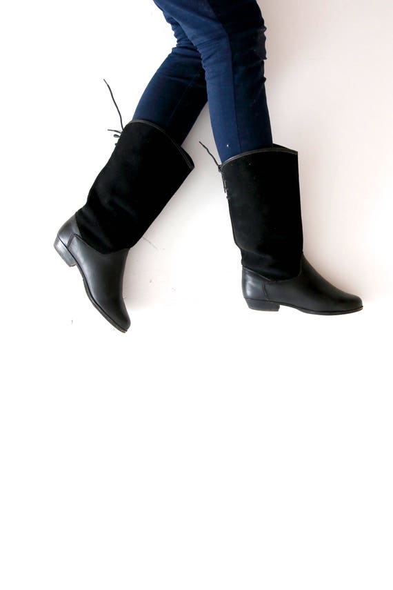 Vintage Suede Leather Boots Black Spring Boots Cow