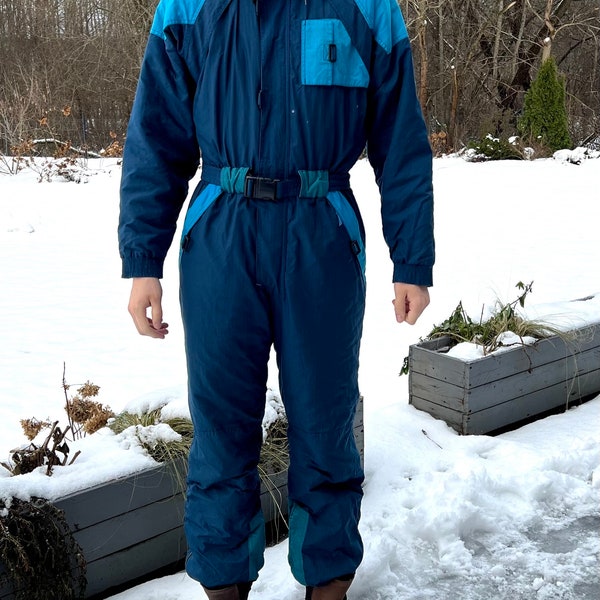 Vintage Mens Ski Suit Blue One Piece Jumpsuit Retro Snowsuit Hipster Winter Sport Jumpsuit 90s Skiing Snowboard suit Size Medium