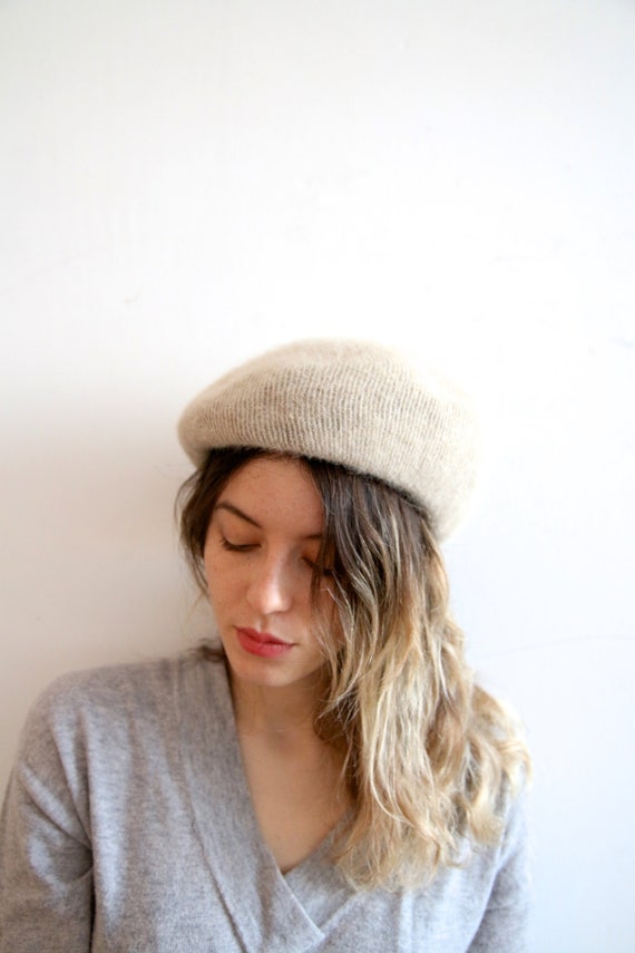 Vintage Angora Hat Beige Beret Hat 30s Hat Medium… - image 1