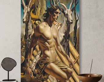 May include: A painting of a nude male figure with horns, standing in a forest setting with two white goats. The figure is muscular and has a strong, determined expression. The painting is done in a realistic style with rich colors and details.