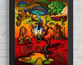 Arte surrealista original de hongos y calamares, paisaje onírico psicodélico, arte visionario, arte mural de 40 x 50 cm
