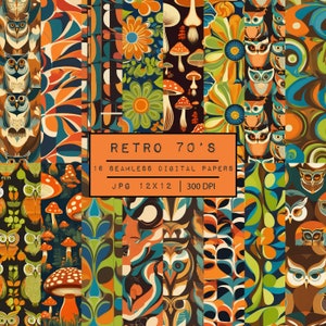 May include: A digital paper pack with 16 seamless patterns featuring owls, flowers, and mushrooms in a retro 70's style. The patterns are in shades of orange, green, blue, and brown. The text "Retro 70's" is in a white box with a black outline. The text "16 Seamless Digital Papers" is below the title. The text "JPG 12x12 | 300 DPI" is below the description.