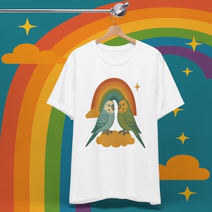 Colorful Budgie Parakeet Woodland Tee - Vintage-Inspired Whimsical Unisex Rainbow T-Shirt
