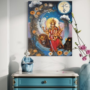 Hindu Goddess Durga and Ganesha Hindu Art Canvas Print – Wall Decor, Stretched canvas, 30x24x.75 Inch, Canvas Wall Print