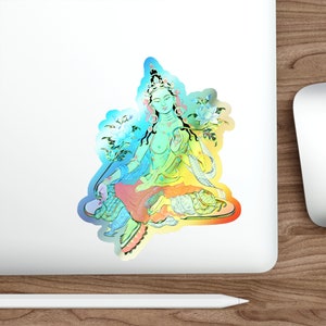 Holographic Green Goddess Tara Vinyl Decal - Water-Resistant Spiritual Sticker - Buddha Sticker, Green Tara Sticker