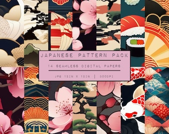 May include: A digital paper pack with 14 seamless patterns featuring Japanese themes. The patterns include cherry blossoms, koi fish, sushi, cranes, and traditional Japanese architecture. The patterns are in a variety of colors, including red, pink, blue, green, and gold. The pack is perfect for scrapbooking, card making, and other craft projects.