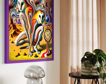 May include: A surrealist art print in a purple frame. The artwork features two owl-like figures with melting forms, vibrant colors, and a clock. The background includes desert landscapes and floral elements. The print is displayed on a white wall.